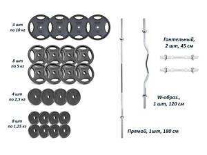 Набір штанга з гантелями. 4 грифи + 100 кг металевих дисків RN-Sport