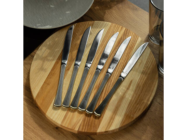 Набор столовых ножей 6 штук ножи сервировочные из нержавеющей стали 22.5 см Серебро с золотой окантовкой HP-20-30 - Фото 4