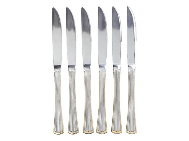 Набор столовых ножей 6 штук ножи сервировочные из нержавеющей стали 22.5 см Серебро с золотой окантовкой HP-20-30 - Фото 1