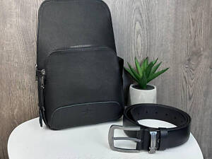 НАБІР 2в1 Чоловіча шкіряна сумка бананка на груди стиль Луї Вітон + чоловічий шкіряний ремінь стиль Louis Vuitton