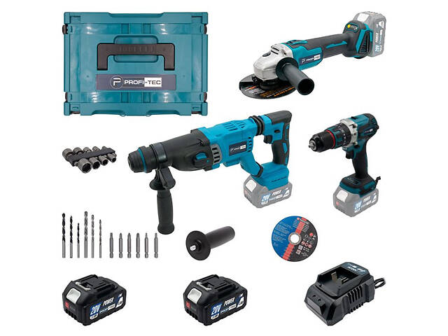 Набор аккумуляторных инструментов PROFI-TEC Combo Set 3/6 POWERLine PBH201BL, DGA20BL, DHP485BL: с АКБ 2шт-20V - Фото 1