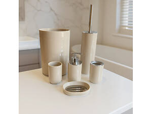 Набір аксесуарів для ванної та душової кімнати Bathlux 6 штук урна, йоржик дозатор, склянки, мильниця, бежевий