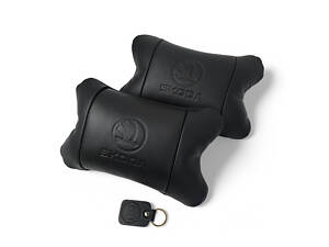 Набор авто подушек Skoda из натуральной кожи + брелок, Автоподушка на подголовник