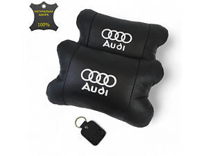 Набор автодушки 2шт на подголовник Audi / Ауди из натуральной кожи черная / Подголовник в машину