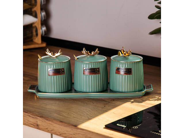 Набор банок с подставкой для сыпучих продуктов, 400 мл, зеленые HP-15-31 - Фото 5