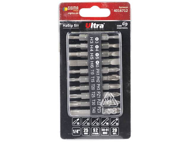 Набор бит 25мм ¼' с держателем 20шт S2 (блистер) ULTRA (4016712) - Фото 1