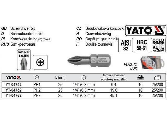 Набор бит РH2 х 1/4' l=25 мм 10 штук YATO YT-04752 - Фото 1