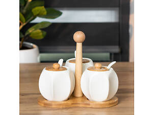 Набор для соусов на деревянной подставке 3 шт по 200 мл баночки для специй керамические с ложками