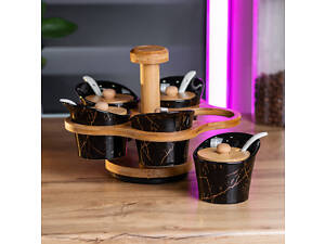 Набор для специй и соусов баночки по 120 мл керамические 5 шт с крышками и ложками на деревянной подставке