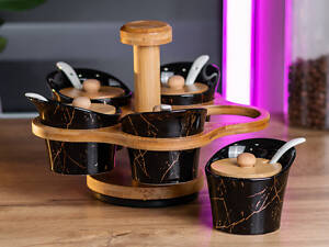 Набір для спецій та соусів баночки по 120 мл керамічні 5 шт. з кришками та ложками на дерев'яній підставці