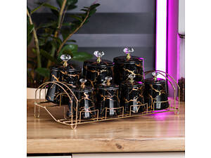 Набор для специй на подставке 7 шт баночки по 250 и 600 мл керамические черный