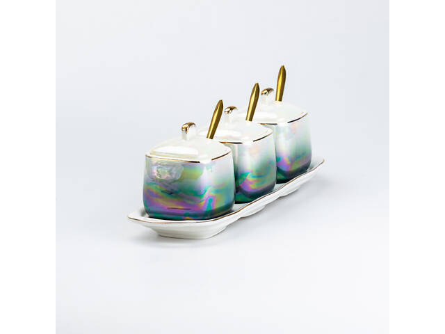 Набор для специй на подставке с ложками 3 шт керамические баночки для специй • набор для приправ 300 мл - Фото 3