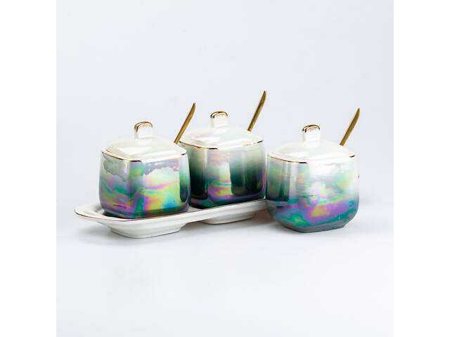 Набор для специй на подставке с ложками 3 шт керамические баночки для специй • набор для приправ 300 мл - Фото 5