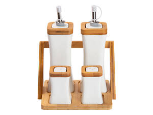 Набор для специй с деревянной подставкой, 4 бутылки для масла и уксуса