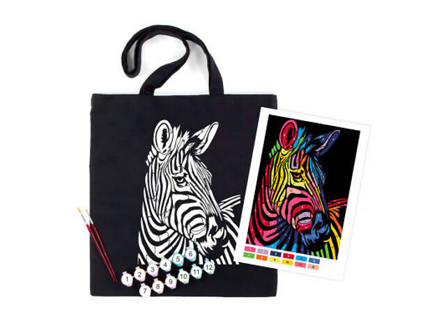 Набір для творчості Rosa екосумка-розфарбовка, чорна, Яскрава зебра 38х42см (4823098539711) - Фото 1