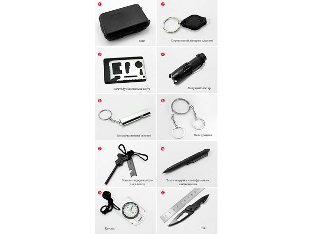 Набор для выживания в лесу, 10 инструментов, герметичный кейс. Набор для экстримального отдыха - Фото 5