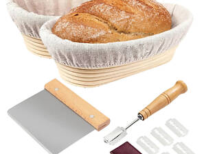 Набір для випікання хліба з 2 овальними кошиками для вистоювання з ротанга з чохлом + пекарський ніж + шпатель