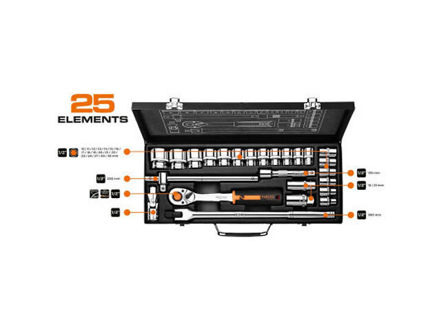 Набір головок Neo Tools 25шт, 1/2', CrV, металевий кейс (10-036) - Фото 2