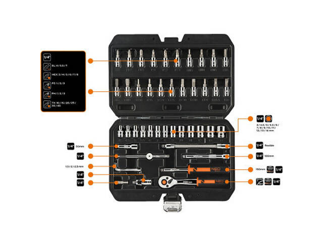 Набор головок Neo Tools 46шт, 1/4', CrV, кейс (10-004) - Фото 8