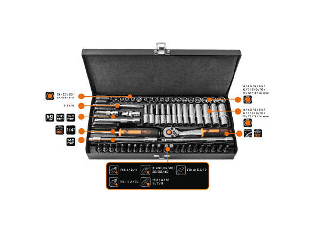 Набір головок Neo Tools 63шт, 1/4', CrV, металевий кейс (10-008) - Фото 1