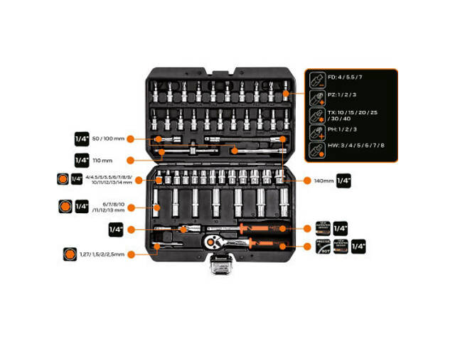 Набор головок Neo Tools 73шт, 1/2', 1/4', CrV, кейс (10-054) - Фото 6