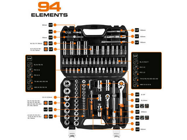 Набор головок Neo Tools 94шт, 1/2', 1/4', CrV, кейс (10-062) - Фото 8
