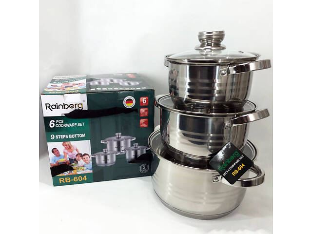 Набір каструль Rainberg RB-604 нержавіюча сталь, капсульне 9-ти шарове дно (3 каструлі 3 кришки) - Фото 1