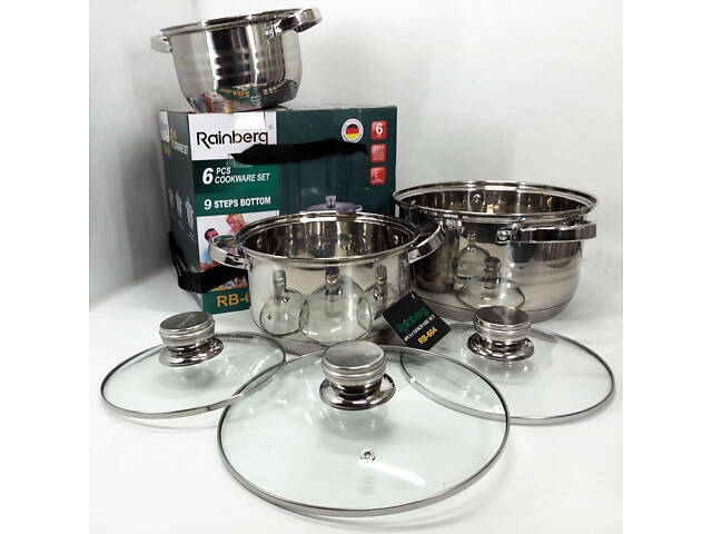 Набір каструль Rainberg RB-604 нержавіюча сталь, капсульне 9-ти шарове дно (3 каструлі 3 кришки) - Фото 2