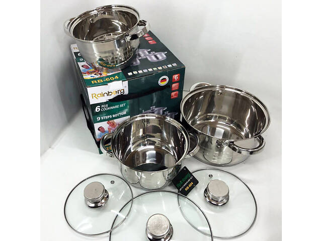 Набір каструль Rainberg RB-604 нержавіюча сталь, капсульне 9-ти шарове дно (3 каструлі 3 кришки) - Фото 3