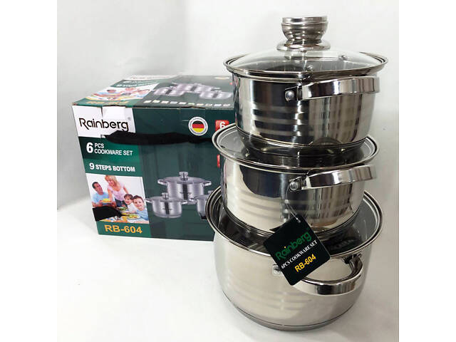 Набір каструль Rainberg RB-604 нержавіюча сталь, капсульне 9-ти шарове дно (3 каструлі 3 кришки) - Фото 4