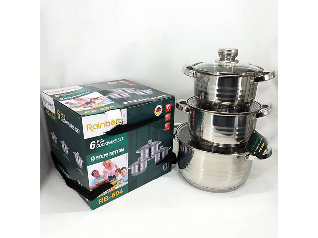 Набір каструль Rainberg RB-604 нержавіюча сталь, капсульне 9-ти шарове дно (3 каструлі 3 кришки) - Фото 5