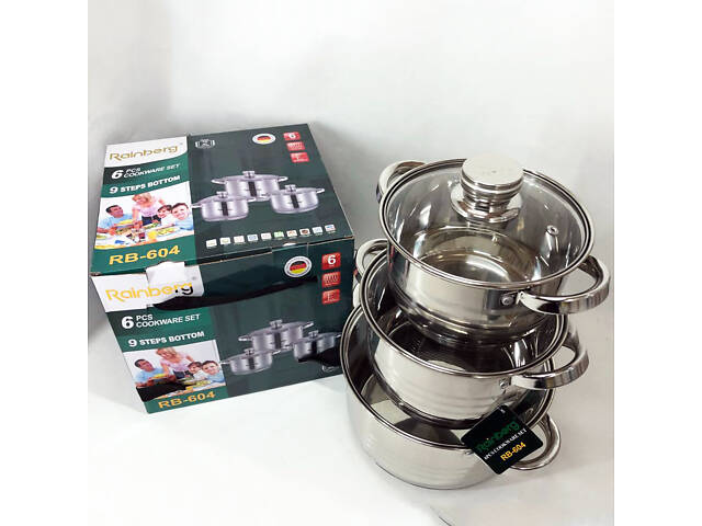Набір каструль Rainberg RB-604 нержавіюча сталь, капсульне 9-ти шарове дно (3 каструлі 3 кришки) - Фото 6