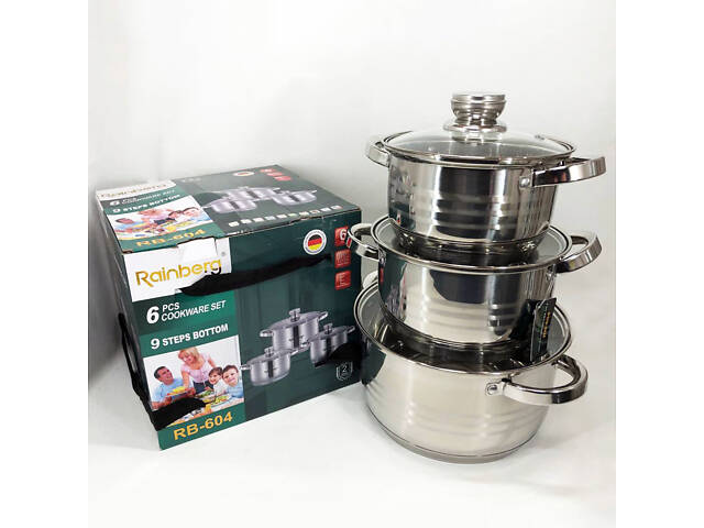 Набір каструль Rainberg RB-604 нержавіюча сталь, капсульне 9-ти шарове дно (3 каструлі 3 кришки) - Фото 7
