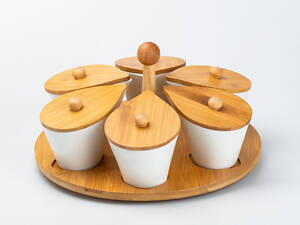 Набір керамічних баночок для приправ з ложкою та бамбуковою кришкою 6 шт