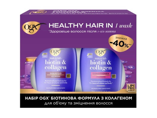 Набір косметики OGX Біотинова формула з колагеном для об'єму та зміцнення волосся Шампунь + Кондиціонер (3574661864952) - Фото 1