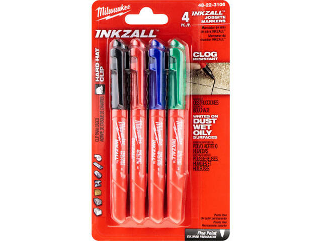 Набір маркерів Milwaukee INKZALL ультратонкий, синій, червоний, зелений, чорний, 4 шт (48223106) - Фото 1