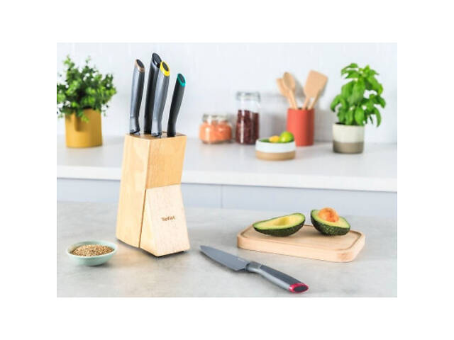 Набор ножей Tefal Fresh Kitchen, дерев'яна колода, 5шт, нержавіюча сталь, чорний (K122S504) - Фото 8