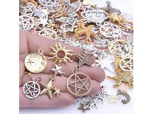 Набір підвісок місяць, сонце, зірки RESTEQ 50 шт. Металеві підвіски для рукоділля. Набір талісманів