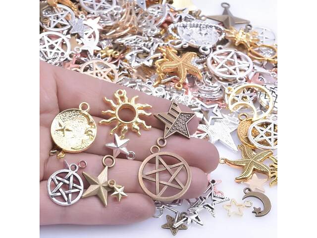 Набор подвесок луна, солнце, звезды RESTEQ 50 шт. Металлические подвески для рукоделия. Набор талисманов - Фото 1