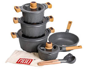 Набір посуду, 4 каструлі, алюмінієве товстодонне дно MGC з лопаткою і ополоником, сірий