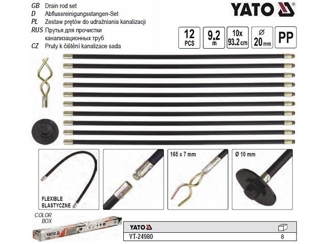 Набір прутів гнучких для чистки каналізації 20х930 мм 10 штук YATO YT-24980 - Фото 9