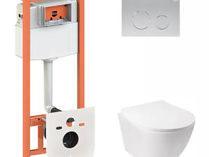 Набор Qtap Инсталляция 3 В 1 Nest Qt0133M425 С Панелью Смыва Круглой Qt0111M11111Sat + Унитаз С Сиденьем Jay Qt07335176W