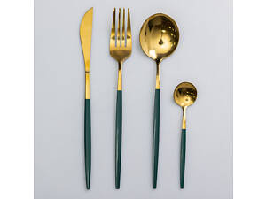 Набор столовых приборов 24 предмета столовый набор на 6 персон Золотистый с зеленым