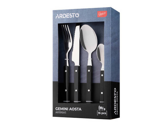 Набор столовых приборов Ardesto Gemini Aosta, 16 приборів, нержавіюча сталь, пластик, чорний (AR1916AS) - Фото 6