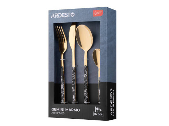 Набор столовых приборов Ardesto Gemini Marmo, 16 приборів, нержавіюча сталь, пластик, золотисто-чорний (AR1916MBS) - Фото 6