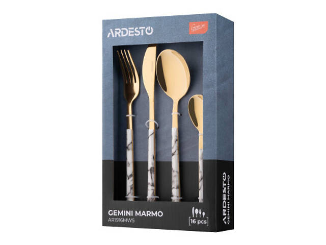Набор столовых приборов Ardesto Gemini Marmo, 16 приборів, нержавіюча сталь, пластик, золотисто-білий (AR1916MWS) - Фото 6