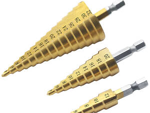 Набір конусних ступінчастих свердел HSS з титановим покриттям RESTEQ 3 шт. — від 4 до 32 мм для точного свердління металу,