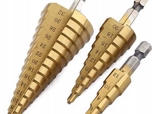 Набір східчастих свердл 3 шт. Crownman діаметр 4-20мм 4-32мм 4-12мм (нітрид титану)