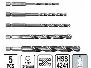 Набір свердл по металу хвостовик 6 граней 1/4 5 штук STHOR-21650