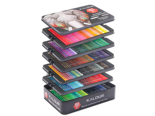 Набір кольорових олівців для малювання KALOUR у металевій коробці 180 кольорів. - Фото 2